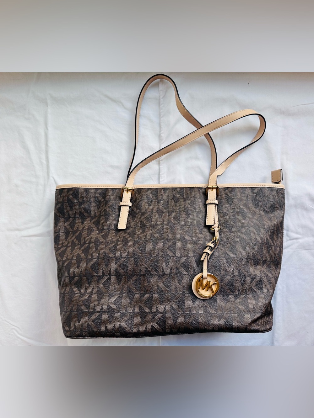 Michael Kors Brown MK Logo Tote with Beige Trim and Gold Charm